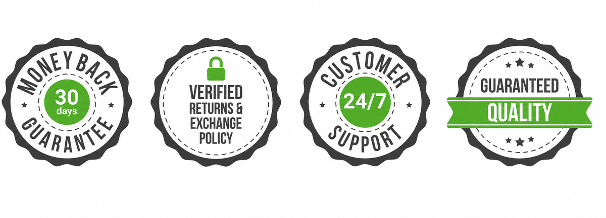 30-day money-back guarantee, verified returns and exchanges, 24/7 customer support, guaranteed quality