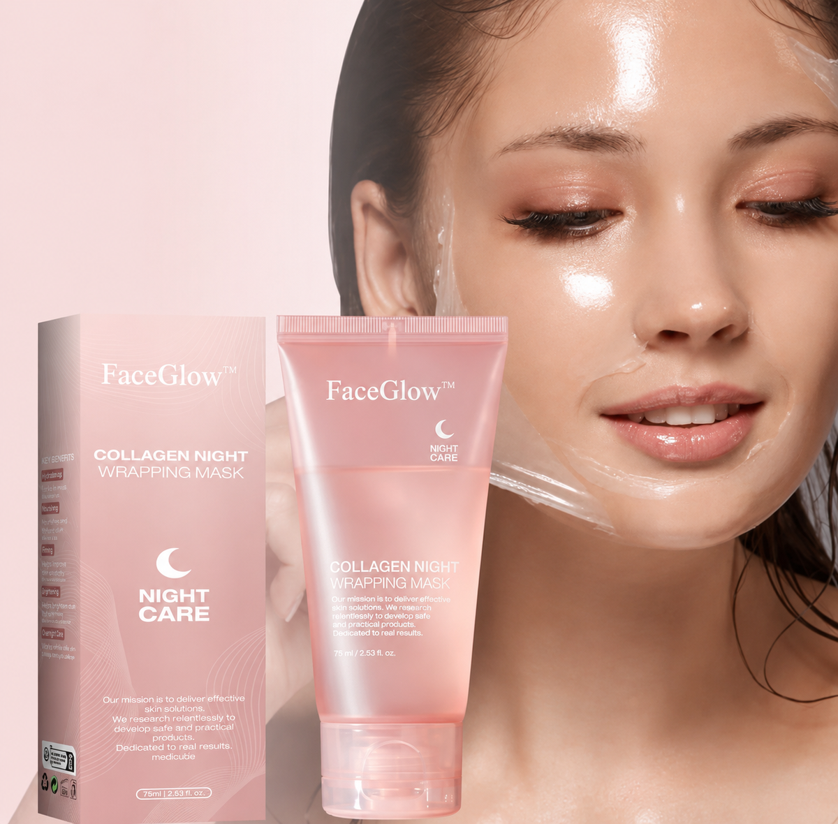 FaceGlow mask applied with packaging